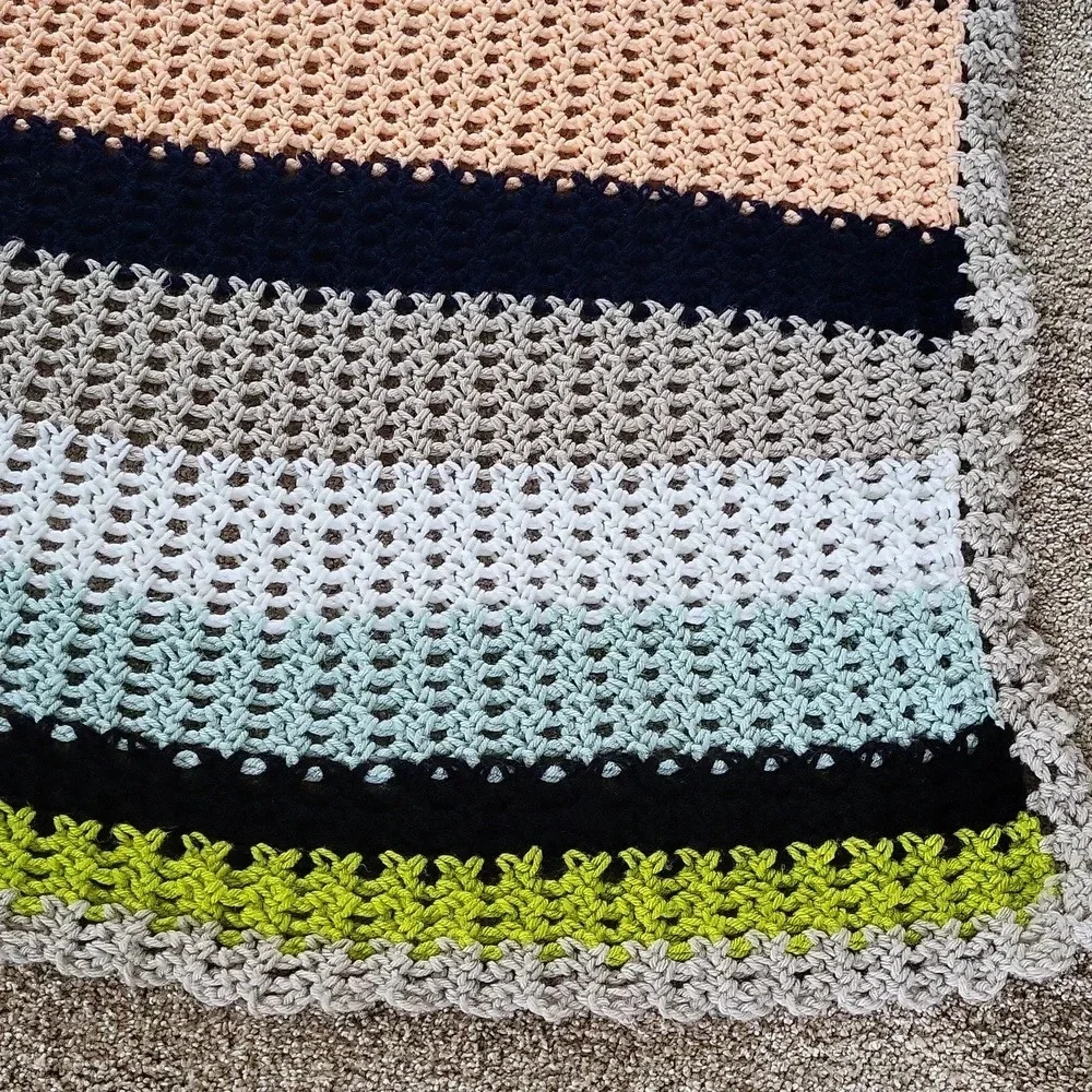 Handmade Striped Mulit Color Crochet Afghan  Blanket Approx.‎ 61 x 46 Grey Trim